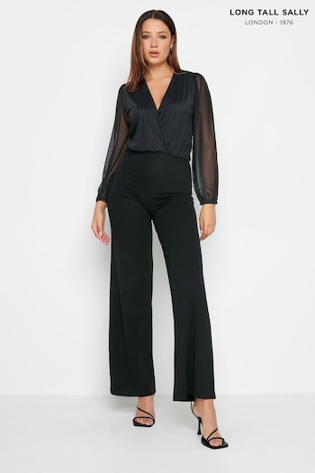 Long Tall Sally Black Mesh Sleeve Wrap Jumpsuit (K83345) | £45
