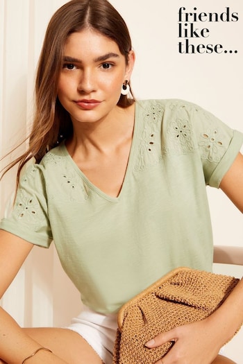 Broad Neck Striped Knitted Sweater Green Short Sleeve V Neck Cutwork Slubby T-Shirt (K83487) | £25