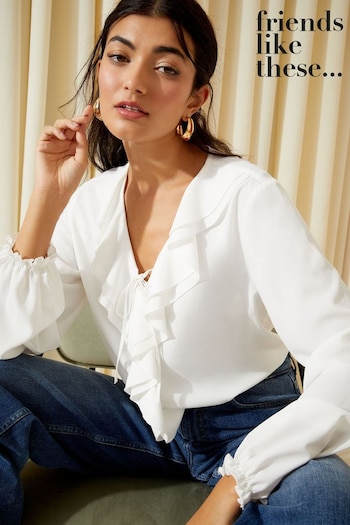 Friends Like These Ivory White Long Sleeve Tie Front Double Ruffle Blouse (K83495) | £33