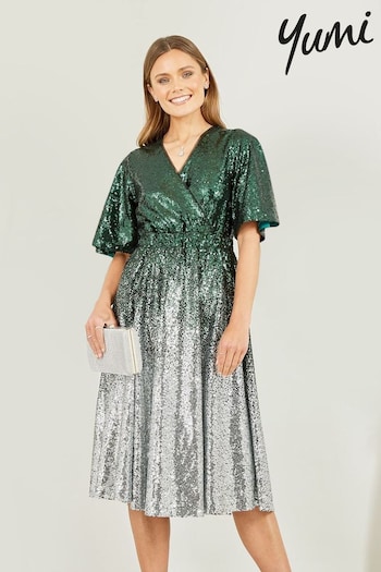 Yumi Green Ombre Sequin Midi Wrap Dress (K83530) | £75