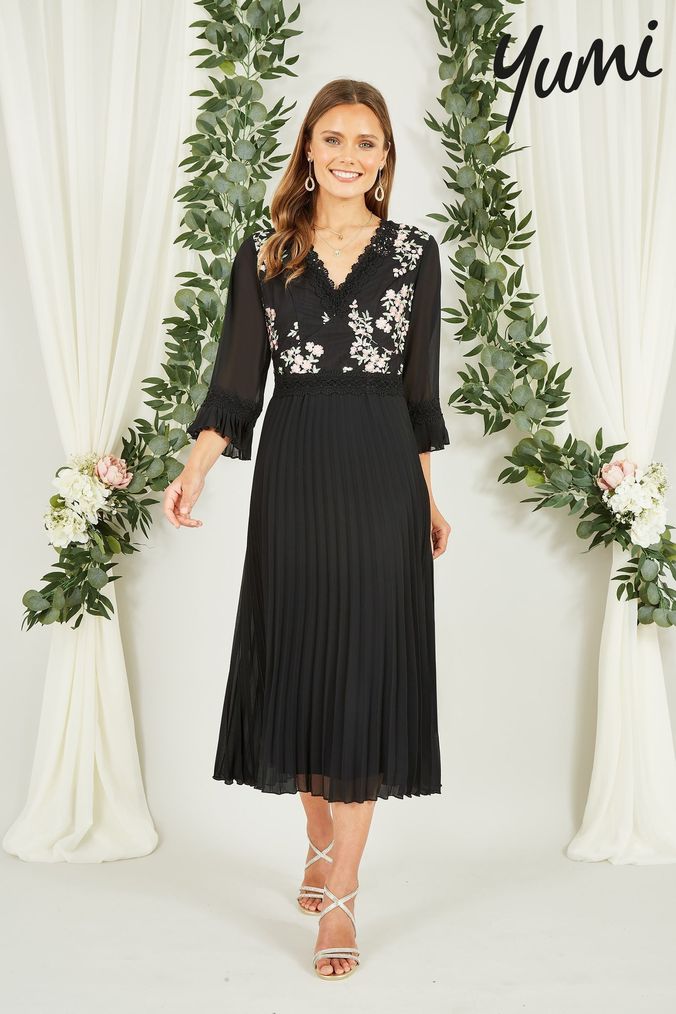Lace panel sleeve pleated cheap dress