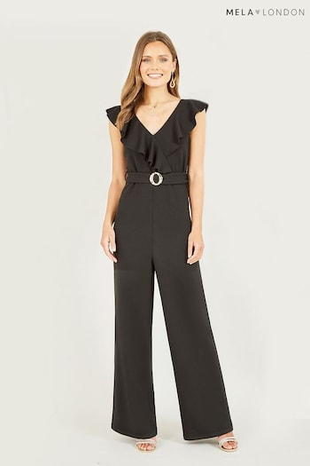 Mela Black Jumpsuit With Gold Buckle and Frill Detail (K83554) | £45