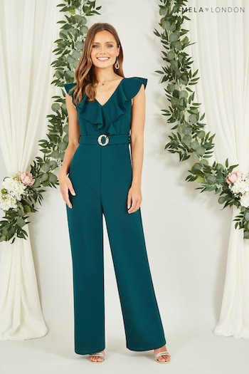 Mela Green Jumpsuit With Gold Buckle and Frill Detail (K83555) | £45