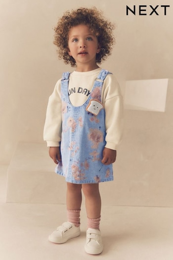 Blue Floral Denim Printed Pinafore And 100% Cotton Sweater Set (12mths-8yrs) (K83565) | £24 - £30