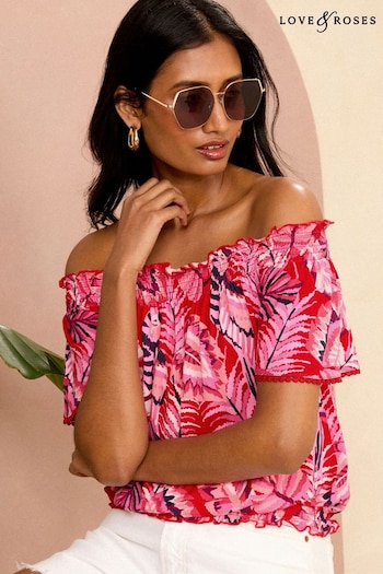 Hoodies & Sweatshirts Pink Tropical Jersey Flutter Sleeve Bardot Top (K83581) | £26