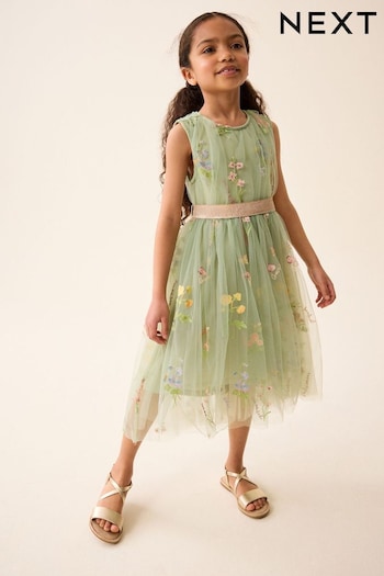 Green Floral Embroidered Mesh Tie Back Party Dress (3-16yrs) (K83978) | £38 - £42
