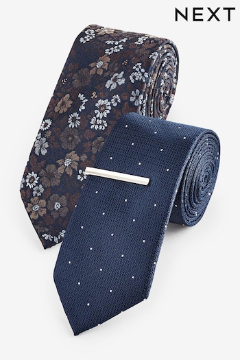 Navy Blue Floral/Polka Dot Textured Tie With Tie Clip 2 Pack (K84083) | £20
