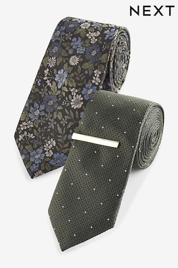 Forest Green Floral/Polka Dot Textured Tie With Tie Clip 2 Pack (K84105) | £20