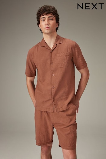 Rust Brown Seersucker Short Sleeve Shirt with Cuban Collar (K84522) | £30