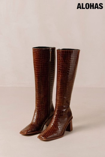Alohas Brown East Leather Knee High Plataforma Boots with Block Heels (K84591) | £320