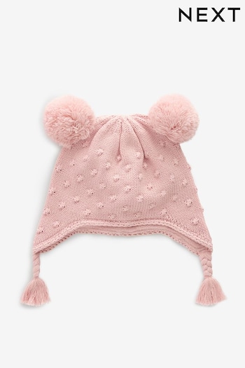 Pink Double Pom Knitted Trapper Hat (0mths-2yrs) (K84743) | £8