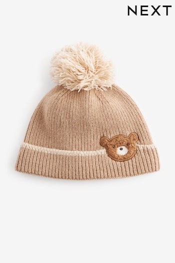 Tan Brown Bear Knitted Baby Pom Beanie Hat (0mths-2yrs) (K85074) | £6