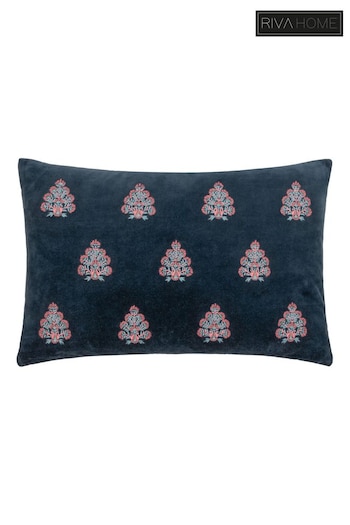 Riva Paoletti Navy Rennes Cotton Velvet Embroidered Cushion (K85333) | £30