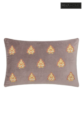 Riva Paoletti Taupe Rennes Cotton Velvet Embroidered Cushion (K85370) | £28