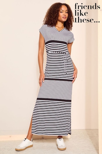 Friends Like These Black/White Straight T-Shirt Maxi Dress With Belt (K85374) | £36