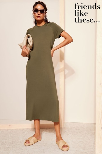 Gabriella Collar Button Front Knit Maxi Dress Khaki Green Straight Short Sleeve T-Shirt Dress (K85378) | £29