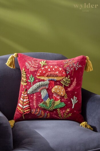 Wylder Nature Ruby Red Magic Mushrooms Embroidered Velvet Cushion (K85388) | £36