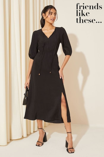 Friends Like These Black V Neck Puff Sleeve Shirred Waist Dress (K85427) | £38