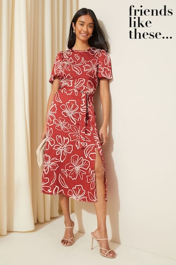 Friends Like These Red Flutter Sleeve Printed Satin Midi Summer Dress (K85438) | £48