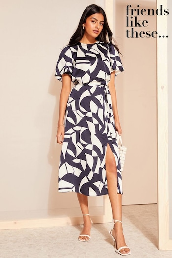 Friends Like These Navy Flutter Sleeve Printed Satin Midi Summer Dress (K85439) | £48