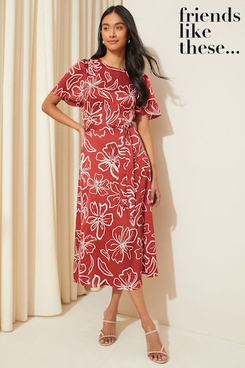 Nest of Tables Red Petite Flutter Sleeve Printed Satin Midi Summer Dress (K85440) | £48