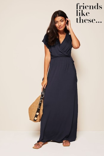 New In & Trending Navy Blue Petite Short Sleeve Wrap V Neck Tie Waist Summer Maxi Dress (K85441) | £35