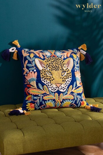 Wylder Tropics Royal Blue Regal Leopard Embroidered Velvet Cushion (K85490) | £36