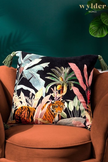 Wylder Tropics Noir Midnight Jungle Velvet Tasselled Cushion (K85538) | £26