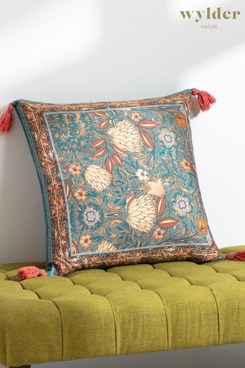 Wylder Nature Blue Bolais Square Floral Tasselled Cushion (K85546) | £22