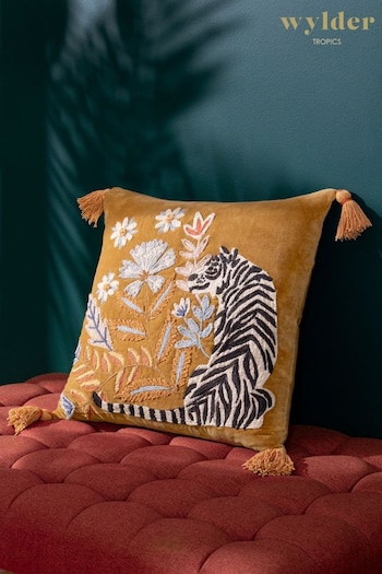 Wylder Tropics Gold White Tiger Embroidered Tasselled Cushion (K85582) | £34
