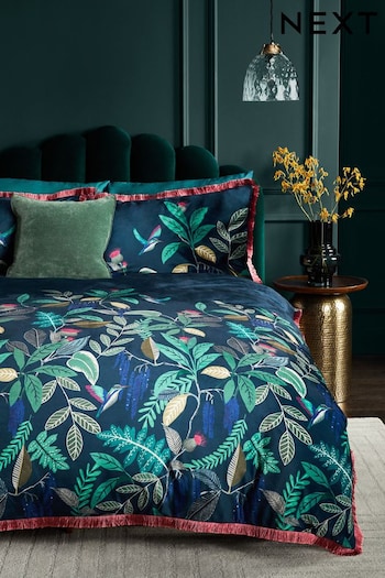 Navy Bold Floral Velvet Duvet Cover and Pillowcase Set (K85593) | £0