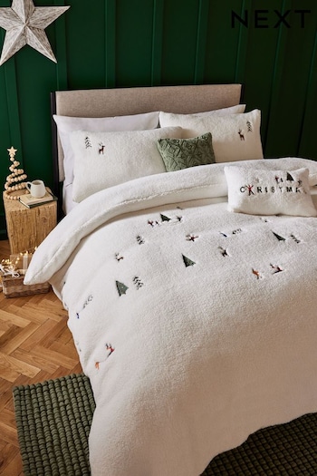 White Christmas Embroidered Fleece Duvet Cover and Pillowcase Set (K85624) | £0