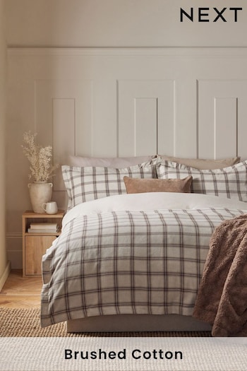 Natural Check Collection Luxe Brushed 100% Cotton Duvet Cover and Pillowcase Set (K85635) | £55 - £85