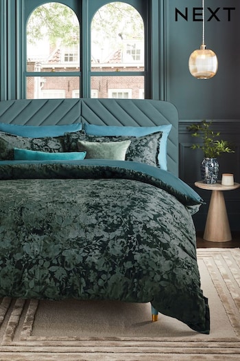 Teal Blue Floral Leaf Velvet Duvet Cover and Pillowcase Set (K85638) | £50 - £80