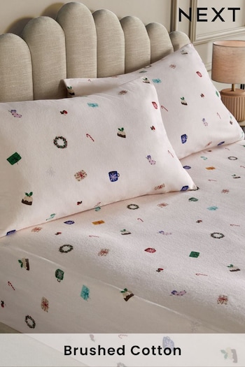 White/Festive Icons Brushed 100% Cotton Festive Fitted Sheet and Pillowcase Set (K85660) | £24 - £36