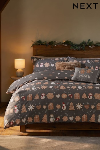 Grey/Brown Christmas Gingerbread Reversible Duvet Cover and Pillowcase Set (K85883) | £0