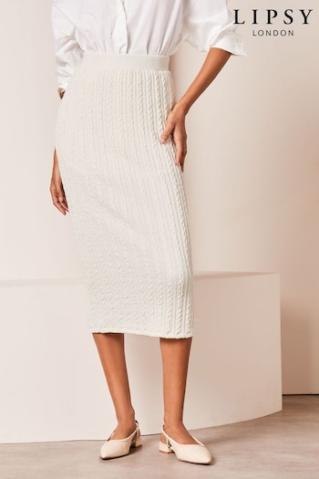 Lipsy Ivory White Cable Knit Column Midi Skirt (K86588) | £35