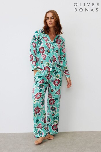 Oliver Bonas Green Floral Shirt & Trousers Pyjama Set (K86741) | £69.50