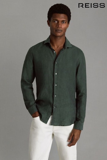 Reiss Dark Green Ruban Linen Button-Through Shirt (K87092) | £98