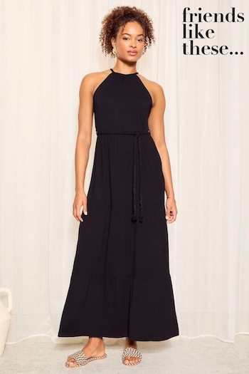 Custom Corner Sofas Black Halter Jersey Dress With Tie Belt (K87256) | £34