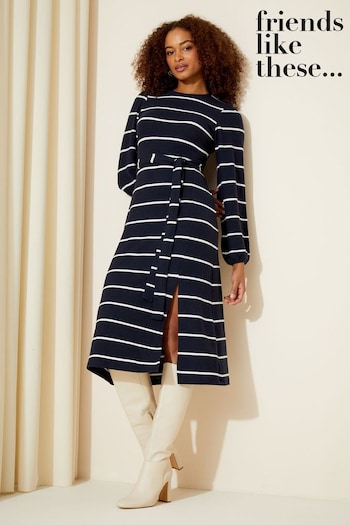 Friends Like These Navy Blue Stripe Soft Touch Knitted Belted Midi Dress (K87271) | £36