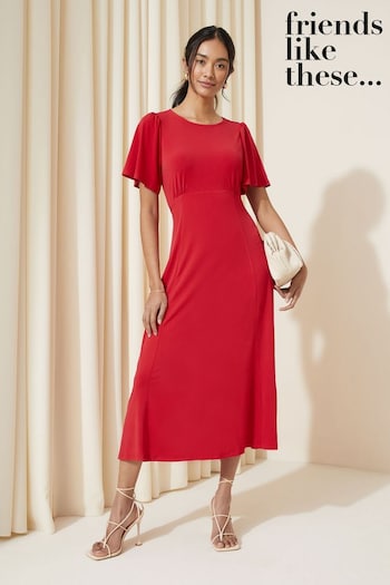 Friends Like These Red Flutter Sleeve Round Neck Midi Dress (K87281) | £38