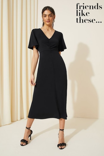 Friends Like These Black Ruched Front Flutter Sleeve Midi Dress (K87284) | £38