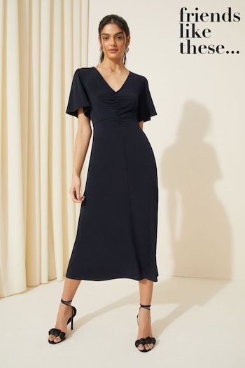 Friends Like These Navy Blue Ruched Front Flutter Sleeve Midi Dress (K87285) | £38