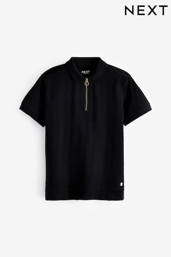 Black 100% Cotton Textured Short Sleeve Zip Neck Polo Shirt (3-16yrs) (K87315) | £12 - £17