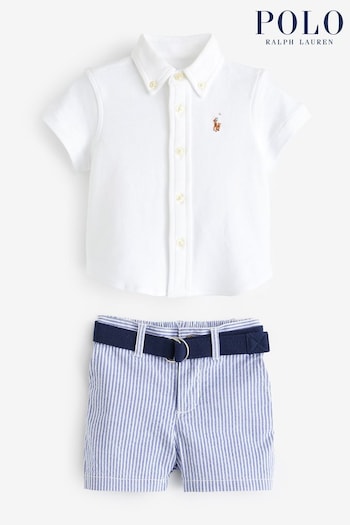 Polo adidas Ralph Lauren Baby White Shirt Belt Seersucker Short Set (K87328) | £115