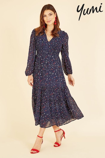 Yumi Blue Star Print Long Sleeve Midi Dress (K87501) | £55
