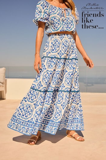 Boots & Wellies Blue Floral Tiered Cotton Maxi Skirt (K87512) | £40