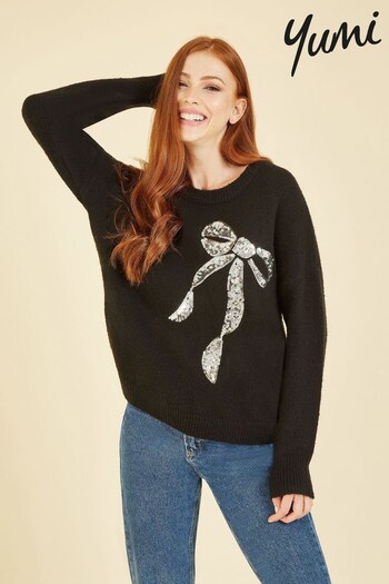 Yumi Black Sequin Bow Knitted Relaxed Jumper (K87527) | £50