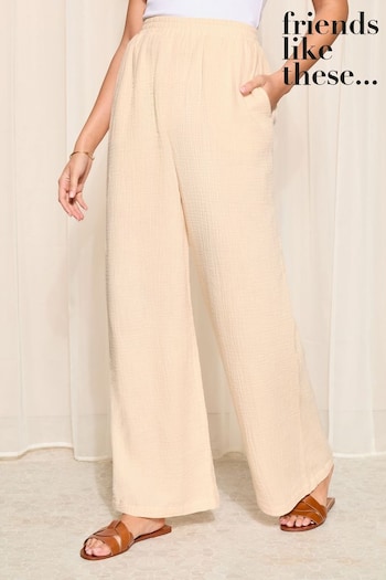 Friends Like These Nude Pink Crinkle Cotton Elasticated Wide Leg Yarn-Dyed Trousers (K87539) | £30